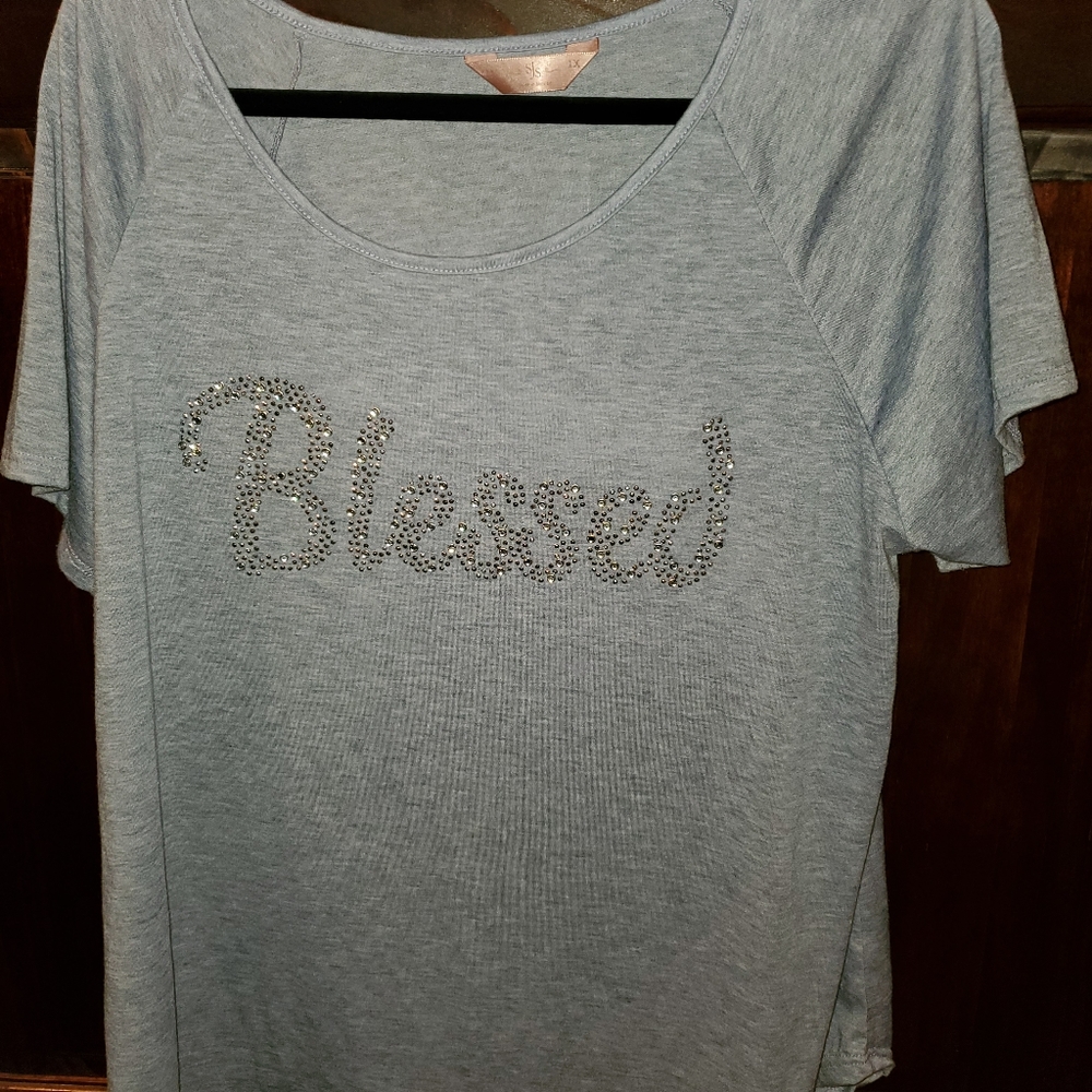 Ladies Size 2x Rhinestone Embossed "Blessed"  Top